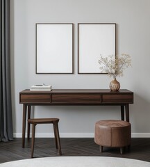 Modern minimalist home office with wooden desk, stool, and ottoman.