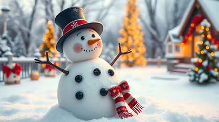 Obraz premium Whimsical snowman in a wintry wonderland, festive scene of holiday cheer