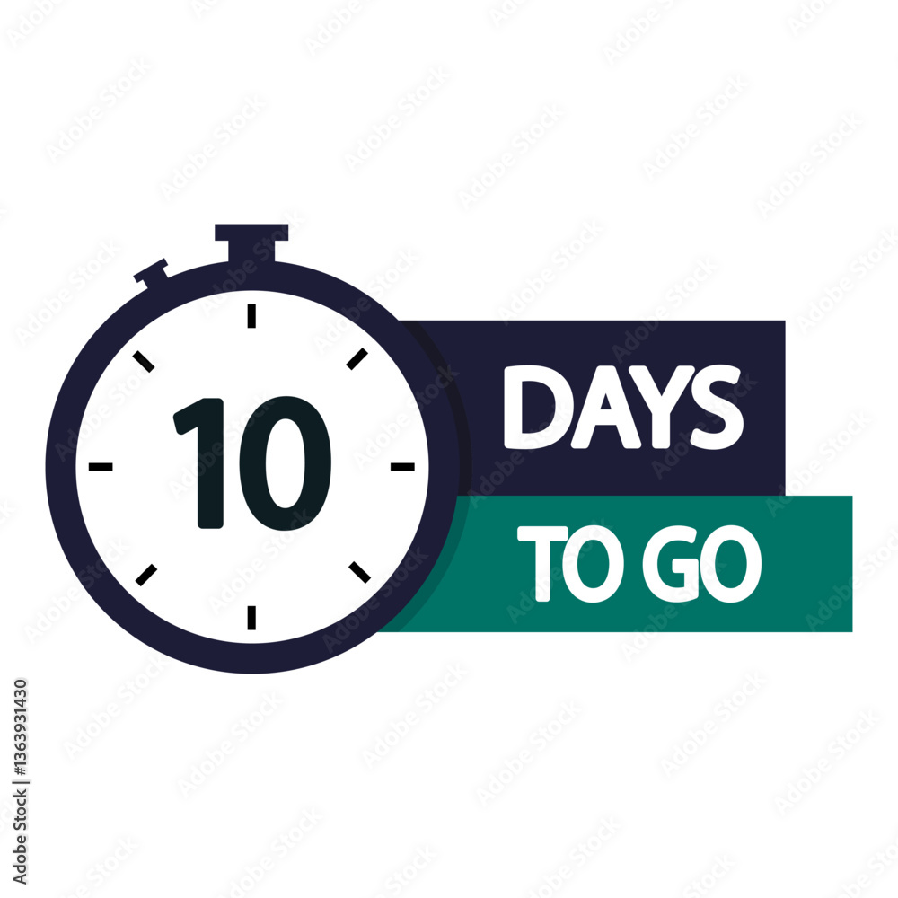 Aufkleber countdown timer icon. number ten text. bold 10 days to go. modern clock symbol.