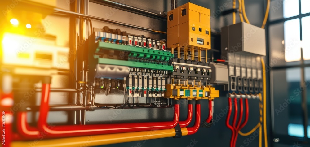 Poster a detailed view of electrical components and wiring on a control panel, illustrating the complexity 