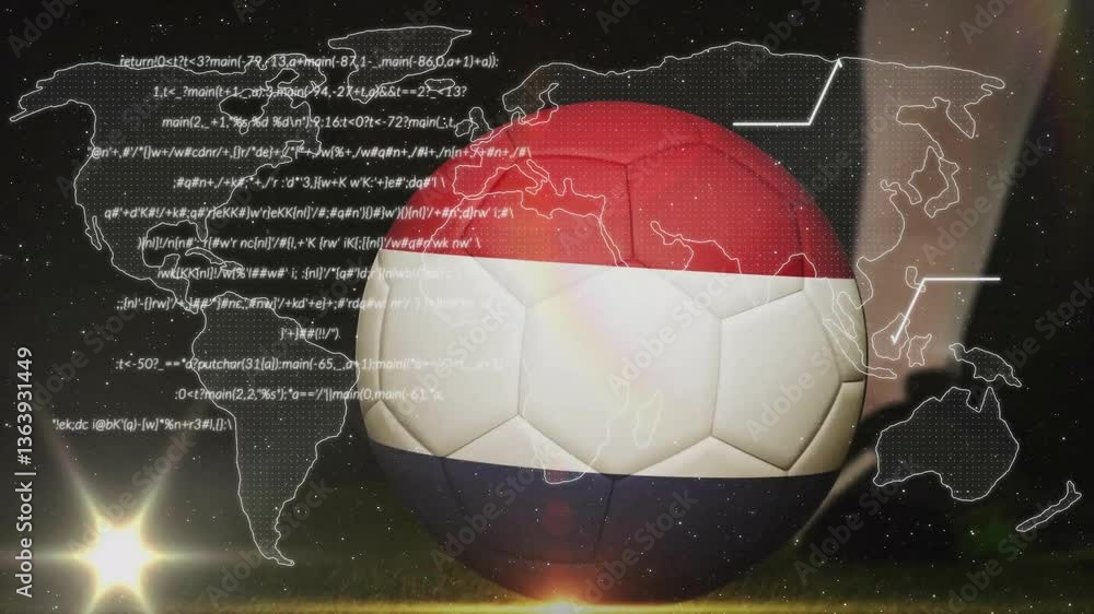 Poster soccer ball with netherlands flag over world map and data processing animation