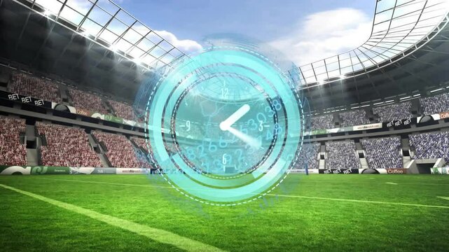 Digital clock animation over soccer stadium with green field and cheering crowd