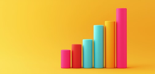 A vibrant, colorful bar graph on a yellow background, representing growth or data analysis through ascending cylindrical shapes.