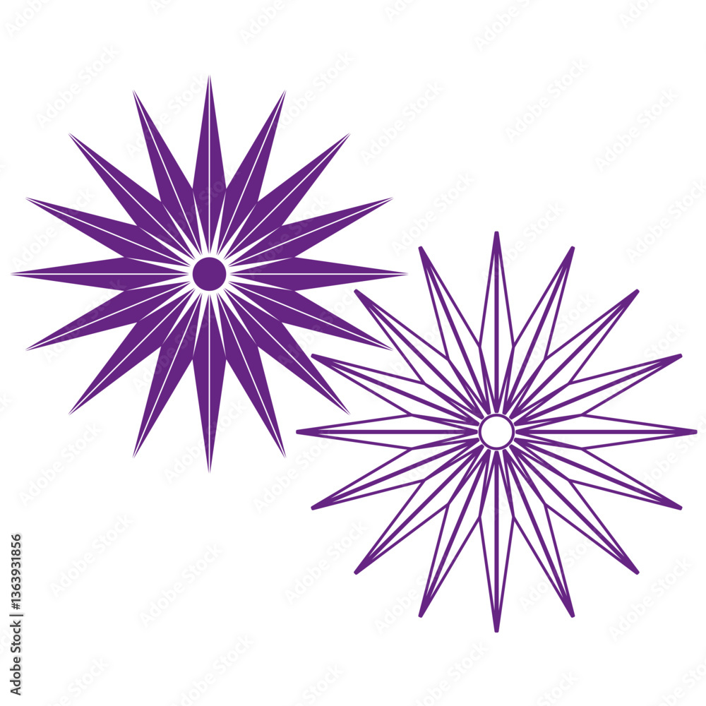 Poster purple star pattern. symmetrical spiked shapes. abstract sharp elements. vector graphic.