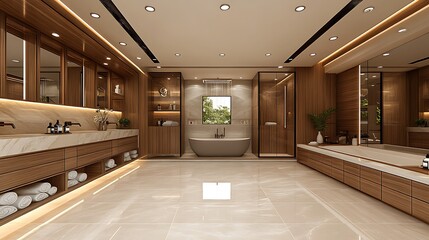 Luxurious modern bathroom with wooden accents and marble floors.