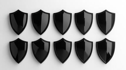 Black shields arranged on white background; security concept (3)