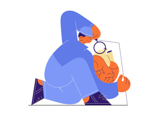 Modern flat vector of a healthcare professional examining a heart diagram using a magnifying glass. Ideal for cardiology, diagnostics, and medical-themed content