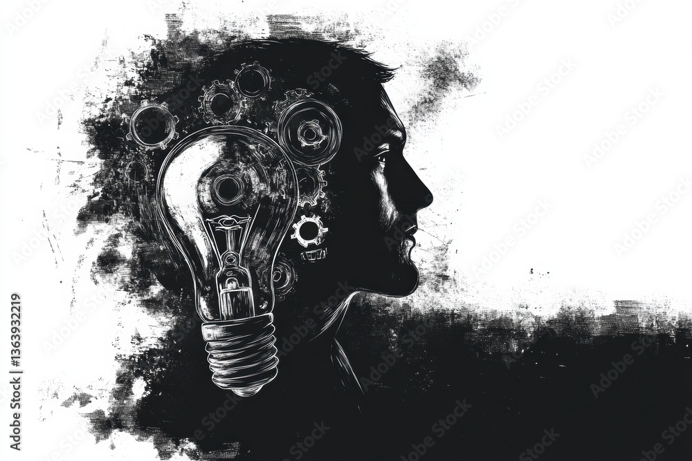 Poster profile of a man surrounded by gears and tools with a lightbulb representing innovation and creativi