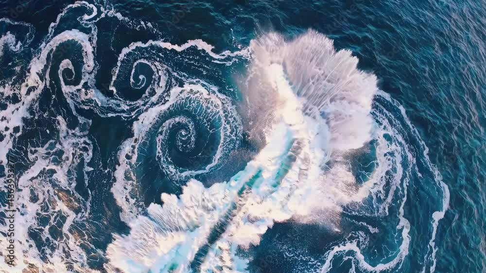 Poster aerial view of swirling ocean waves forming intricate patterns. the video captures the dynamic movem