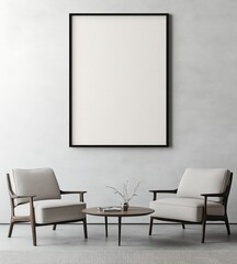 Modern minimalist interior with empty frame, chairs, and table.