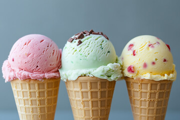 Three Ice Cream Cones with Different Flavors on a Gray Background