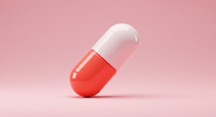 A vibrant coral and white capsule rests gently on a soft pink background, a symbol of hope and healing, reflecting light with a smooth, glossy finish.