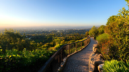 Panoramic View of a Cityscape from a Hilltop Pathway in Morning Light with Green Vegetation and Wooden Railing
