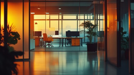 Modern Office Interior with Glass Walls and Sunset Glow in a Contemporary Workspace