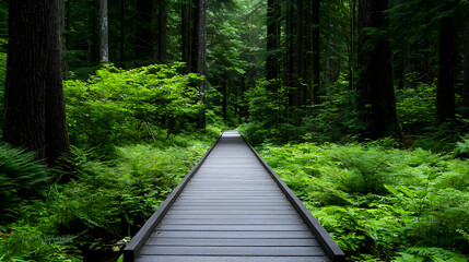 Obraz premium Wooden pathway through dense green forest with dappled sunlight and lush vegetation in daytime