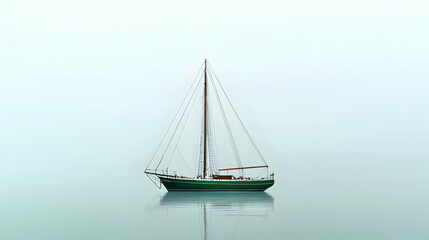 Naklejka premium Green Sailboat Floating On Calm Water With Reflection Under Pale Blue Cloudy Sky