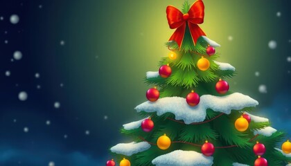 Obraz premium A decorated Christmas tree with ornaments and snow, set against a snowy background.