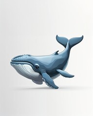 Fototapeta premium Blue whale on plain white background minimalist clean cartoon style illustration