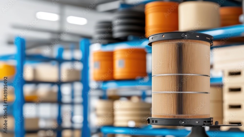 Poster a detailed view of a filter on display in a storage area filled with various industrial items, showc