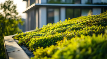 A close-up of a green roof on an urban building, featuring eco-friendly designs that benefit the environment.