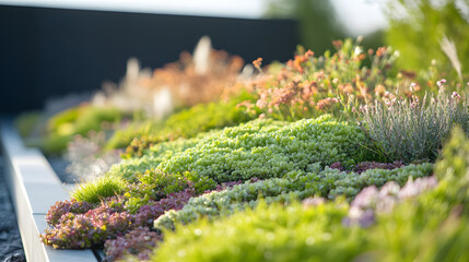 A close-up of a green roof on an urban building, featuring eco-friendly designs that benefit the environment.