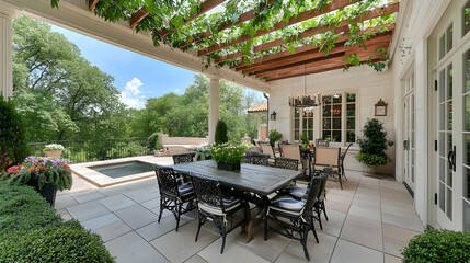 Fototapeta premium Elegant Outdoor Patio with a Dining Table and Chairs Beneath a Wooden Arbor with Lush Green Vines and Blue Sky