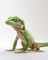 Fototapeta premium Green gecko on plain white background minimalist clean cartoon style illustration