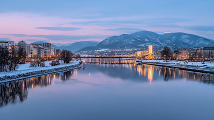 Naklejka premium Evening Cityscape Of Salzburg With Snowy Mountain River Reflection And City Lights