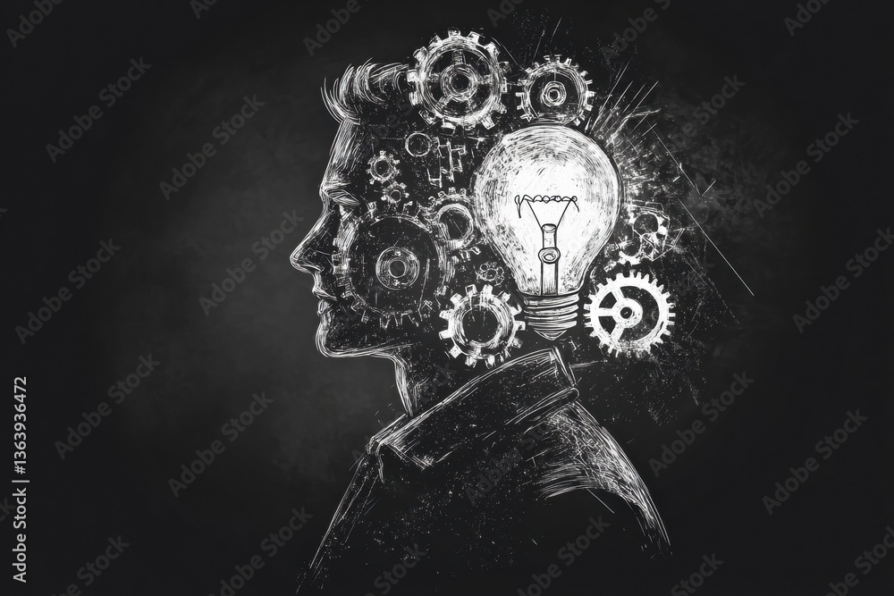 Poster profile of a man with gears and a lightbulb representing innovation and creativity in a black and wh