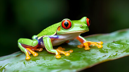 Fototapeta premium Colorful Tropical Frog On Wet Leaf