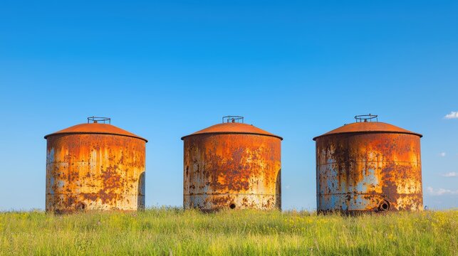 Three rusty silos stand in a grassy field under a clear blue sky, showcasing a blend of industry and nature.