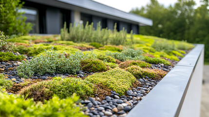 A close-up of a green roof on an urban building, featuring eco-friendly designs that benefit the environment.