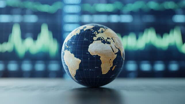 A globe depicting Earth on a desk with a background of data graphs, symbolizing global finance and analytics.