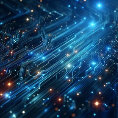 A futuristic digital background featuring glowing blue circuitry lines and connected dots on a dark blue gradient backdrop. The circuit lines extend diagonally with a neon effect.