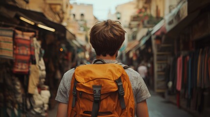 Obraz premium Man with Backpack Walking Through Vibrant Street Market in an Urban Environment