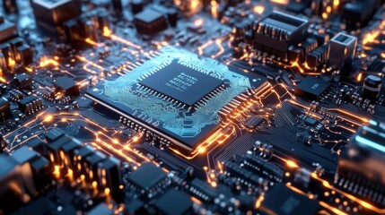 Obraz premium A 3D microchip with electric currents running through it, high-quality 3D