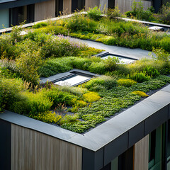 A close-up of a green roof on an urban building, featuring eco-friendly designs that benefit the environment.