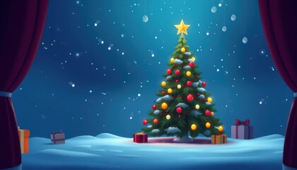 A festive Christmas scene featuring a decorated tree and gifts in a snowy setting.