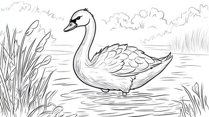 Elegant swan swimming lake reeds nature coloring book