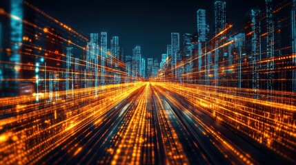 Fototapeta premium A dynamic cityscape image featuring illuminated skyscrapers and light trails, creating a sense of speed and modernity in an urban environment.
