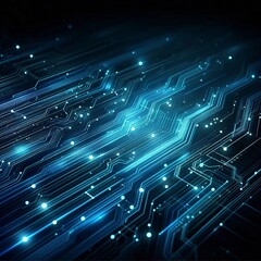 A futuristic digital background featuring glowing blue circuitry lines and connected dots on a dark blue gradient backdrop. The circuit lines extend diagonally with a neon effect.