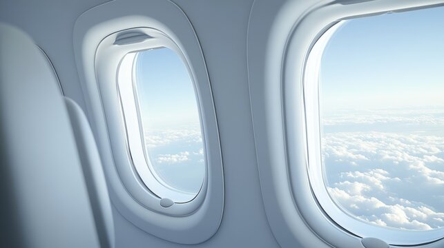 Realistic aircraft, 3d plane windows. Insight air flight object, airplane porthole in travel cabin interior, jet sky airline. Illuminator open and closed. White fuselage. Vector glass plastic design