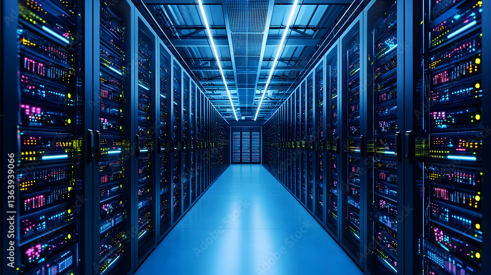 Poster blue lit server room interior showing rows of data racks with modern technology and digital data sto