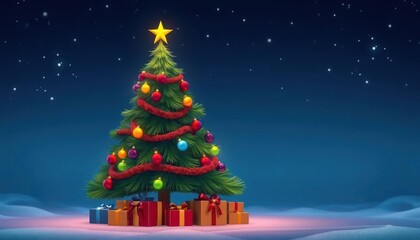 A decorated Christmas tree with colorful ornaments and presents beneath it in a winter setting.