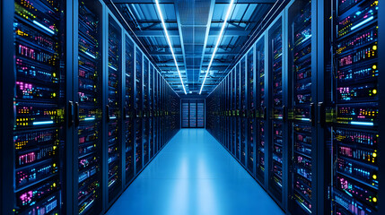Fototapeta premium Blue Lit Server Room Interior Showing Rows Of Data Racks With Modern Technology And Digital Data Storage