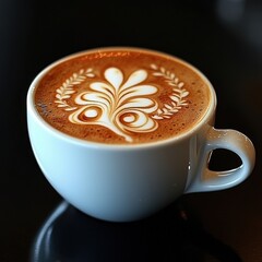 A beautifully crafted cup of coffee with intricate latte art, featuring floral patterns, set against a dark background.