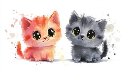 Cat watercolor. Cute cartoon kitten happy meow animal grey and red, isolated set, kitty painting little pets, love greeting, fluffy character funny invitation design elements. Vector tidy illustration