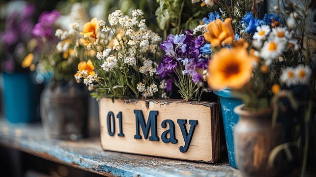 Delicate flowers beautifully frame a wooden calendar displaying 01 May in a serene outdoor setting filled with vibrant colors and natural beauty