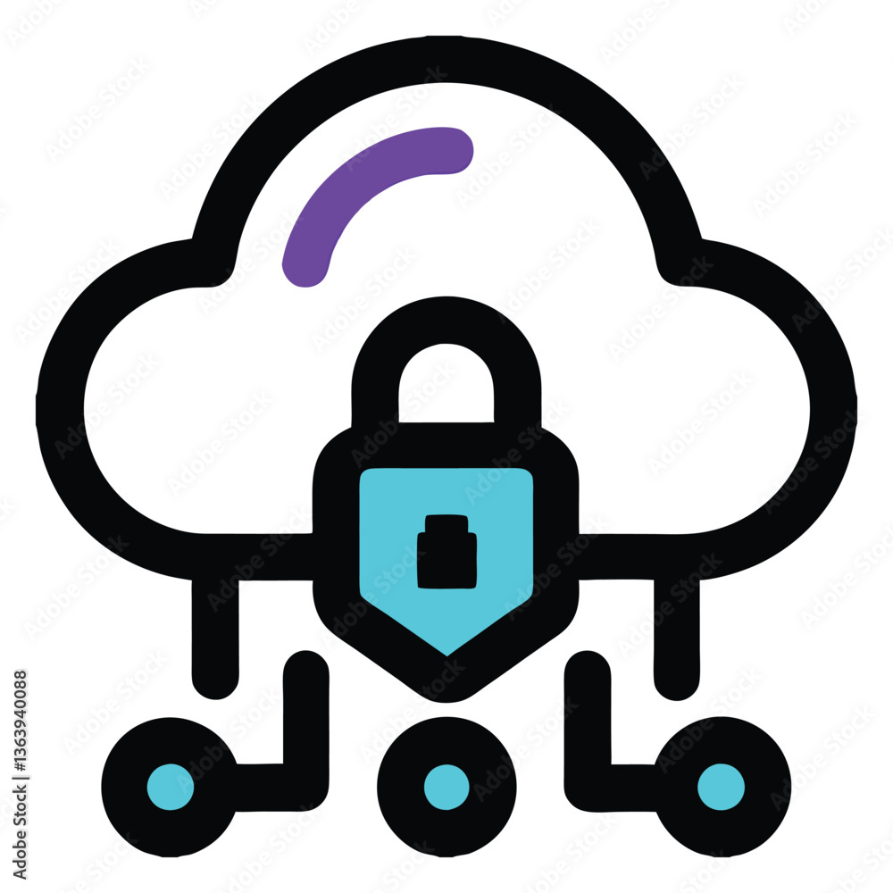 Poster cloud security system with lock, shield, and data protection icon - secure cloud computing