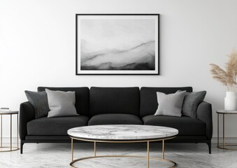 Modern minimalist living room interior with black sofa, marble coffee table, and abstract art print.